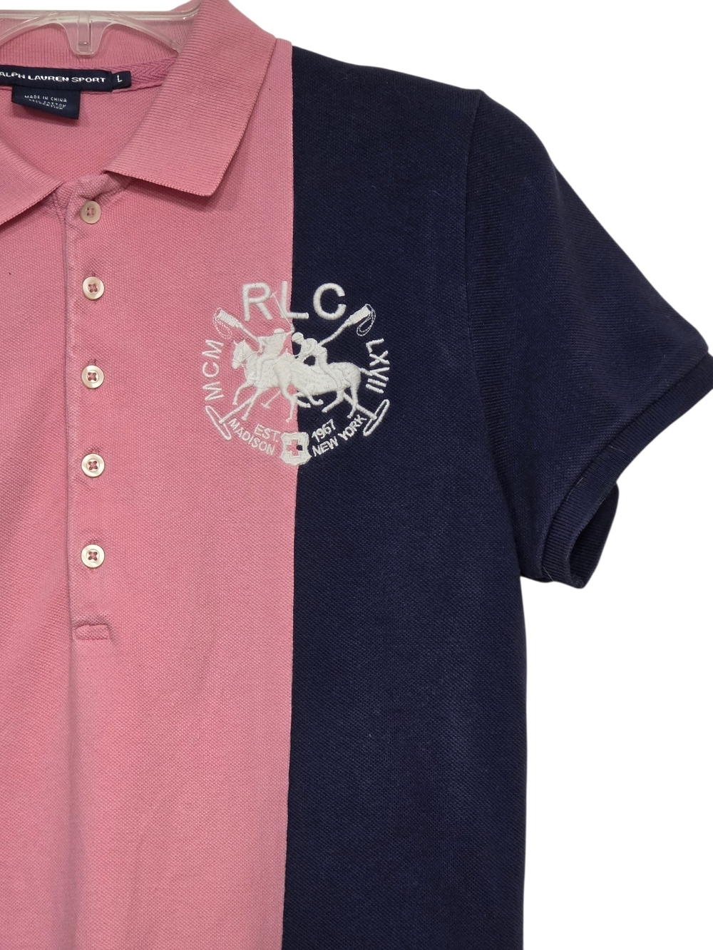 Ralph Lauren Embroidered Crest Pink & Navy Colorblock Polo Shirt Size Large 90s - Picture 3 of 14